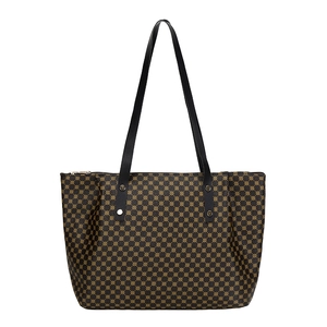 Women's large tote bag with brown geometric circle patterns and black handles