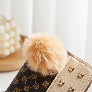 Mini rivet coin purse with dark monogram leather and khaki faux fur pompom charm
