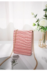 Elegant pink crocodile pattern women's crossbody phone bag with gold chain strap detail