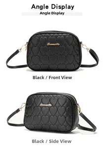 Front and 45-degree angle view of black PU leather camera bag with heart quilting