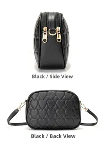Detailed side and back views of black quilted heart camera bag with dual gold zippers