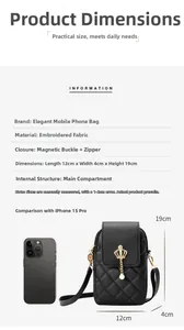 Detailed size chart of the quilted phone bag with measurements and crown charm detail