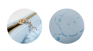 Détail du porte-monnaie bleu clair en cuir avec motif ours et pompon en peluche doux