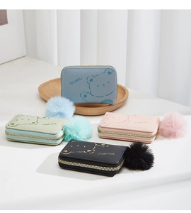 Mini portefeuilles en cuir PU avec pompons en peluche et motif d'ours mignon
