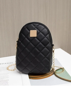 Close-up of black quilted leather crossbody phone bag with gold chain and square clasp