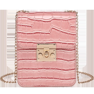 Pink faux crocodile leather phone bag with gold metal chain and vintage buckle