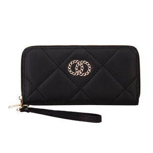 Classic black quilted long wallet for women with golden metal chain ring and wrist strap