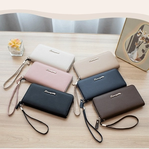 Litchi texture leather long wallets in six colors with zippers and wrist straps
