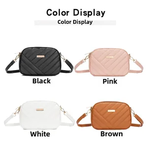 Detailed color display of quilted crossbody camera bags in black pink white and brown