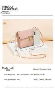 Pink quilted PU crossbody bag size detail with dimensions 18x5x13.5cm and phone reference