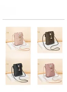 Detailed grid showing printed crossbody phone bags with pearl tassels in multiple colors