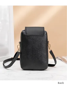 Detail view of the sleek back design and gold metal hooks of the black crossbody phone bag