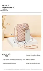 Detailed view of monogram crossbody phone bag with pearl charm and 14x6x19cm dimensions