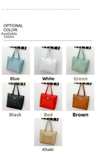 Detailed grid view of quilted PU leather tote bags in seven various vibrant colors