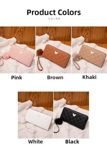 Detailed color palette of quilted long wallets with wristlets and fur ball charms