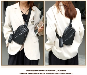 Front and back view of a black crossbody bag with logo straps on a model in white blazer