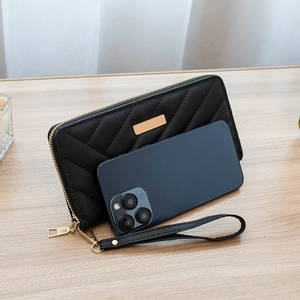 Classic black quilted leather long wallet for women with wristlet and gold zipper