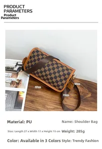 Detailed size chart of brown PU pillow bag featuring checkered monogram print and strap