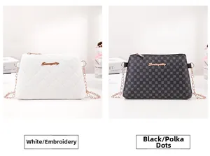 Close-up of diamond-quilted and polka-dot embroidery details on chain shoulder bags