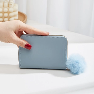 Mini light blue PU leather rectangular zip coin purse with fluffy pom-pom charm