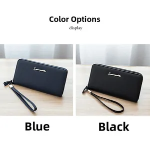 Blue and black long zip wallets featuring premium lychee grain leather and wrist straps