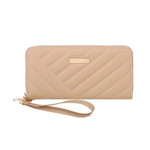 Elegant beige long zip wallet with quilted chevron pattern and golden wrist strap