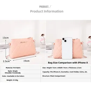 Detailed view of pink quilted PU bag dimensions 13x19x2.5cm with phone size comparison