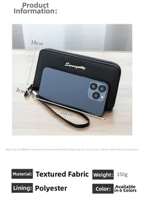 Detailed view of black pebbled leather long wallet with wrist strap and size specs