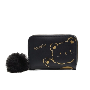Mini porte-monnaie en similicuir noir avec motif ours doré et pompon en peluche doux