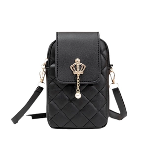 Elegant black quilted crossbody phone bag with gold crown and pearl charm on white background