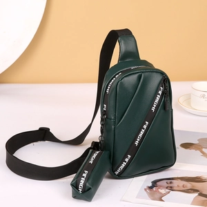 Women PU Leather Sling Chest Bag With Mini Pouch Adjustable Letter Print Strap Sporty Fashion Crossbody Bag