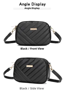 Front and side view of black quilted faux leather camera bag with gold metal plate