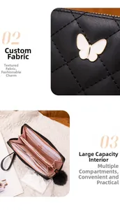 Detail of black quilted leather wallet with butterfly hardware and pink multi-compartments