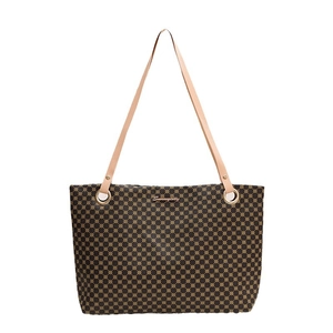 Grand sac cabas marron à pois dorés, anses en cuir et logo métallique sur fond blanc