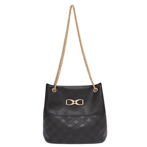 Borsa a secchiello trapuntata nera vintage con catena dorata e dettaglio fiocco