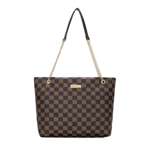 Grand sac cabas marron à damier avec bandoulière en chaîne dorée pour femmes