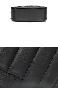 Macro detail of black quilted leather shoulder bag with precision V-pattern stitching