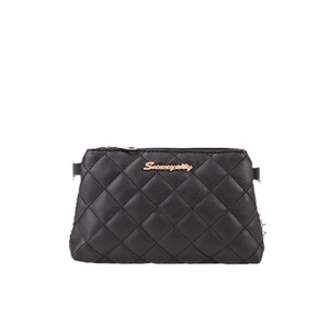 Black quilted cross-body bag with diamond stitching and gold-toned metal logo