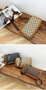 Detailed close-up of three checkered crossbody bags in gray, khaki, and brown finishes