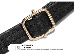 Detail of adjustable shoulder strap with gold-tone buckle for custom length fit