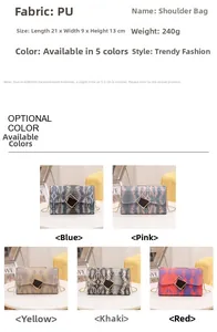 Detailed size chart and specs for snakeskin texture PU shoulder bag, 21x9x13cm size