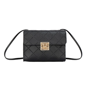Classic black quilted crossbody bag with a golden square buckle and thin strap