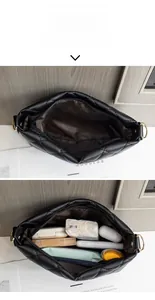 Close-up showing large capacity of the quilted bucket bag with daily essentials inside