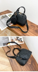 Detail showing black quilted shell bag set with golden flower zipper and coin purse