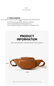 Detailed size specifications of brown corduroy waist bag with dimensions 33x11x8cm