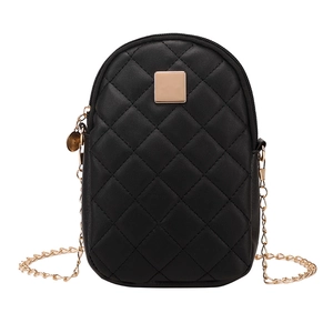 Modern black quilted crossbody phone bag with gold metal hardware and chain strap