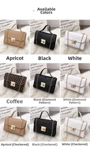 Nine stylish small square bags in diverse colors and textures with gold chain straps