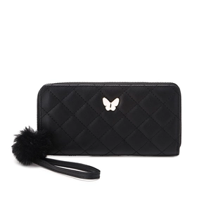 Quilted black leather long wallet with golden butterfly buckle and fur pompom strap