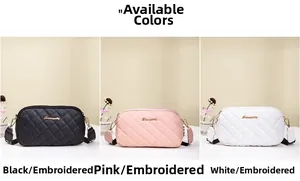 Detailed comparison of quilted camera bags in black, pink, and white with wide straps