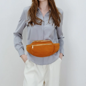 Fashionable mustard yellow corduroy fanny pack for women with dual gold zippers